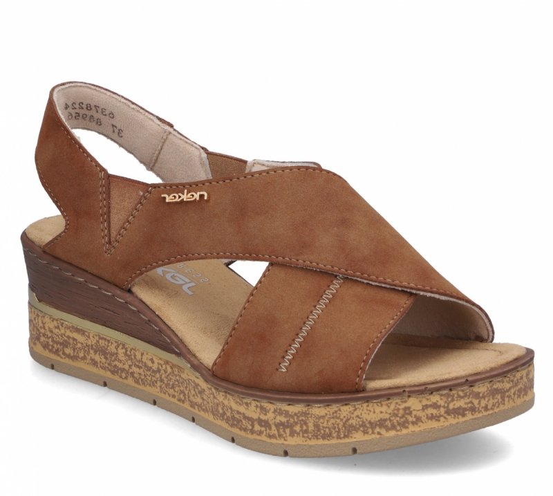 Sandałki brązowe 39 RIEKER 63782 brąz na koturnie platformie