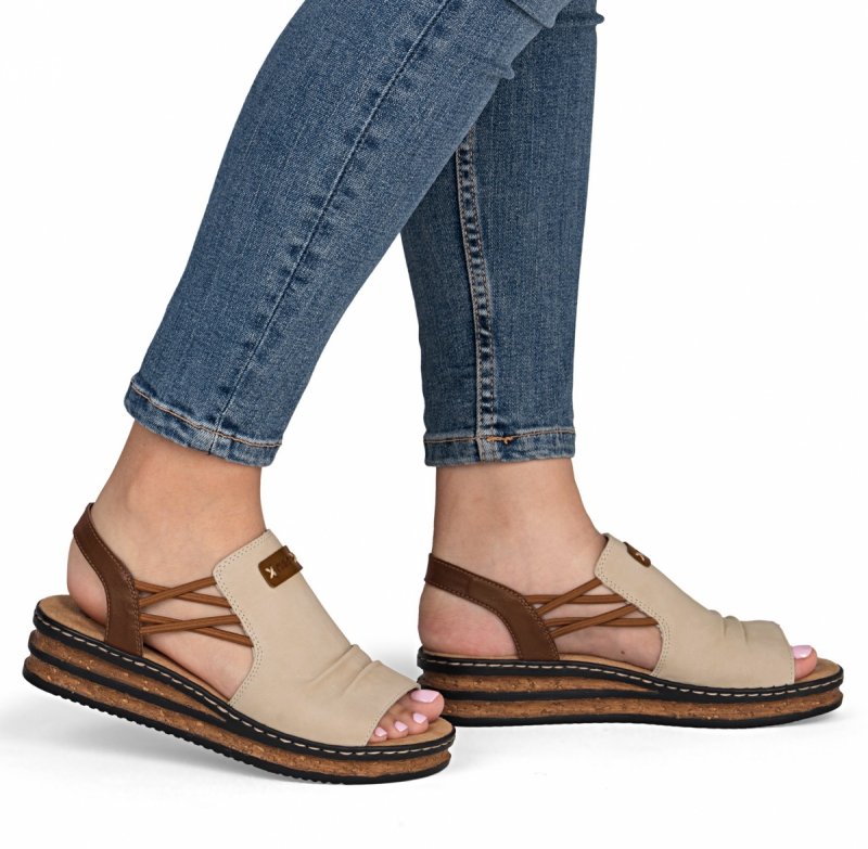 Sandałki beżowe 38 RIEKER 62962 beż na koturnie platformie