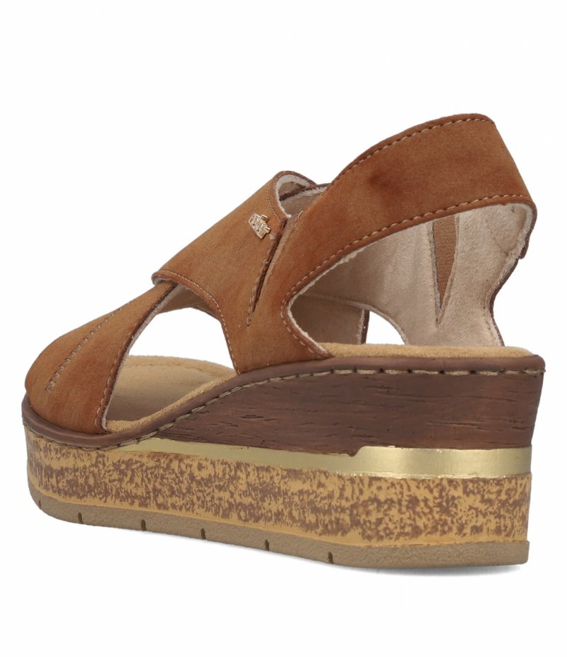 Sandałki brązowe 41 RIEKER 63782 brąz na koturnie platformie