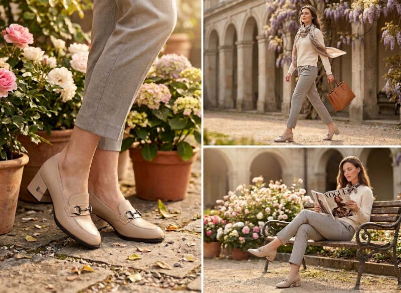 Mokasyny beż 39 półbuty skóra na obcasie VINCEZA 18116 beżowe skórzane damskie