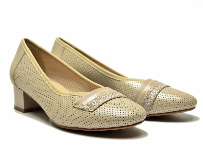 Czółenka 41 POTOCKI 12792 beżowe złote na obcasie beż ażurowane