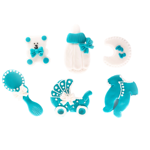 Dekoracje cukrowe na CHRZEST, BABY SHOWER niebieskie - 6szt