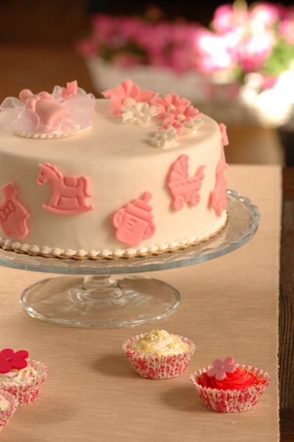 Dekoracja cukrowa na tort CHRZEST baby shower RÓŻOWY 8 x 4szt