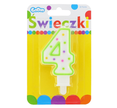Świeczka urodzinowa na tort z kolorową obwódką i kropeczkami - cyfra 4
