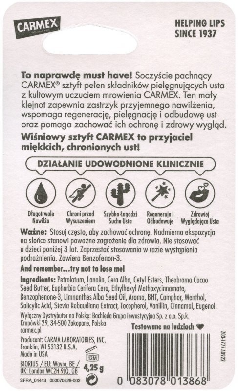CARMEX Pomadka ochronna w sztyfcie Cherry SPF 15  4,25 g