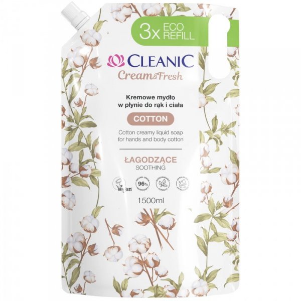 CLEANIC Cream & Fresh Kremowe Mydło do rąk i ciała Cotton - łagodzące 1500 ml