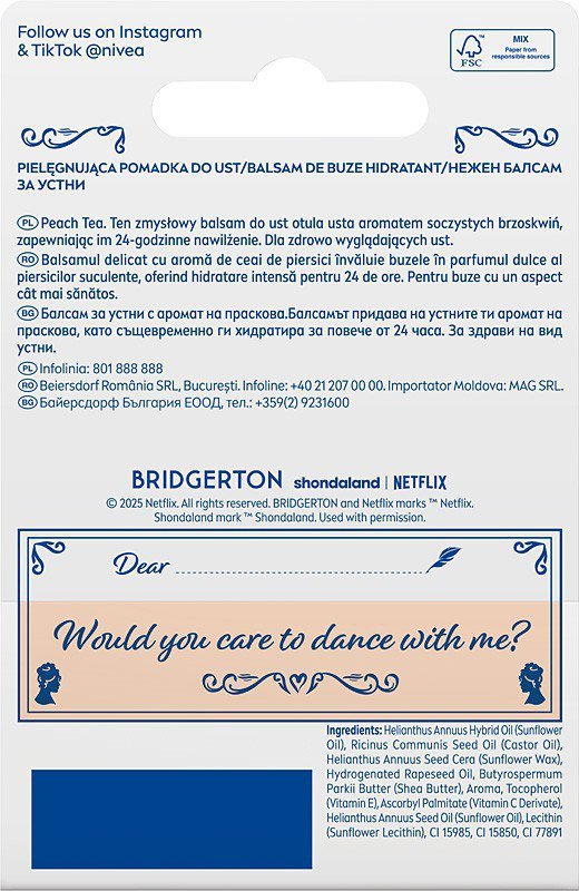 NIVEA Bridgerton Edition Pielęgnująca pomadka do ust Peach Tea 4,8g