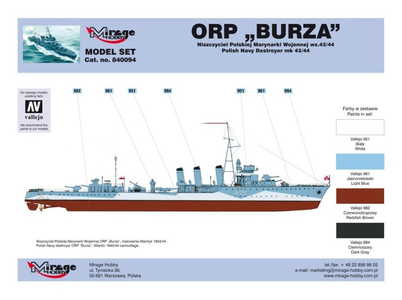 Mirage 840094 1/400 [MODEL SET]  ORP 'BURZA' Polish Navy Destroyer mk 44