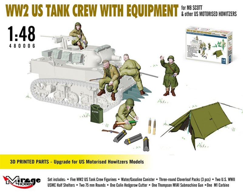 MIRAGE 480006 1:48 WW2 US TANK CREW WITH EQUIPMENT for M8 SCOTT &amp; other US MOTORISED HOWITZERS