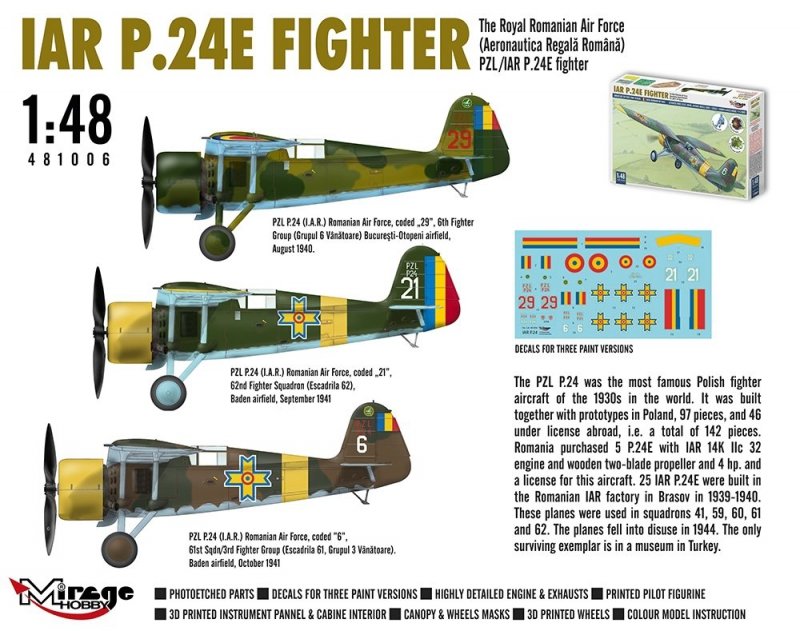  MIRAGE 481006 1:48 PZL /IAR P.24E Fighter Romanian Air Force (w/ 3D printed parts)