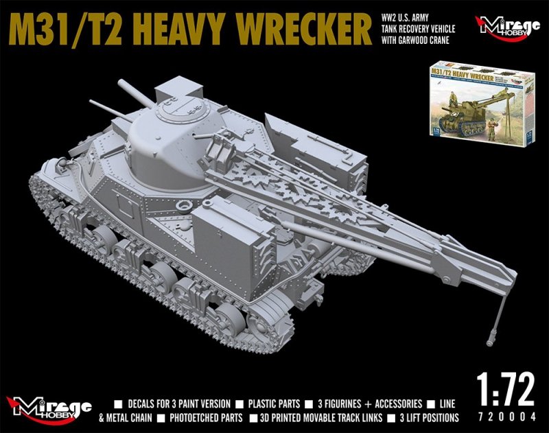MIRAGE 720004 1:72 M31/T2 HEAVY WRECKER, WW2 U.S. Army Tank Recovery Vehicle with Garwood crane