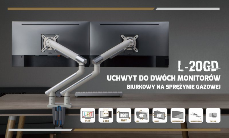 UCHWYT BIURKOWY GAZOWY DO 2 MONITORÓW LED/LCD 17-32&quot; L-20GD ART 2-9kg 2xUSB 3.0 PREMIUM ALU