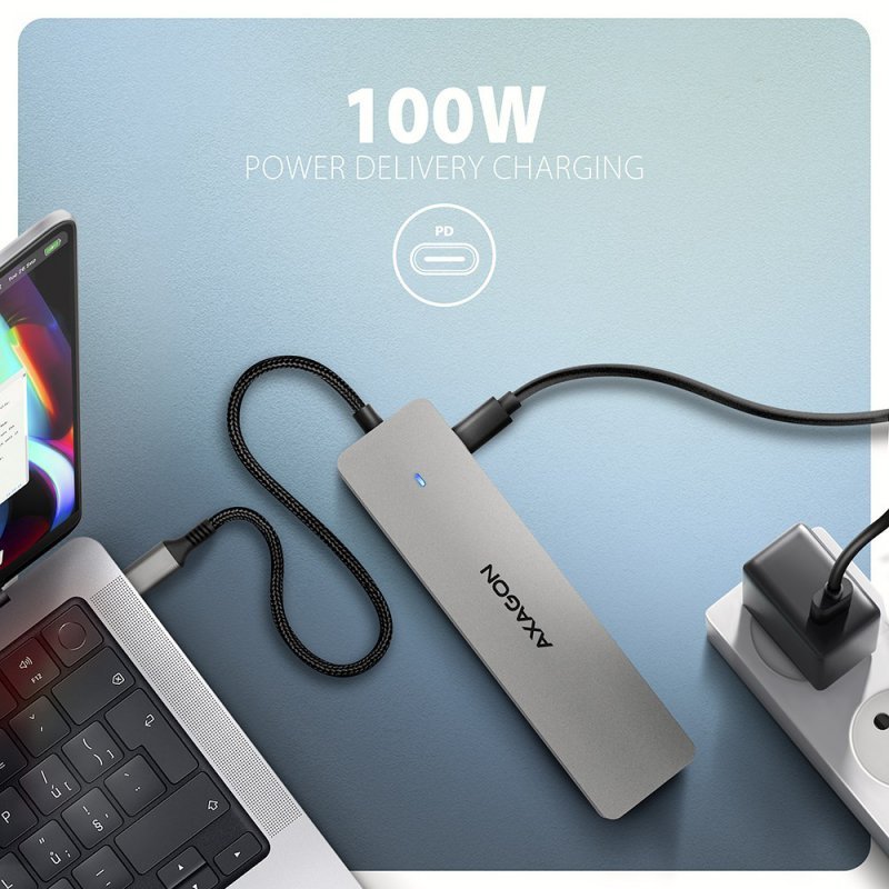 AXAGON HMC-7HX2 Hub USB, 2x USB-A, 1x USB-C, 2x HDMI 2.0, 1x RJ45, 100 W PD – srebrny