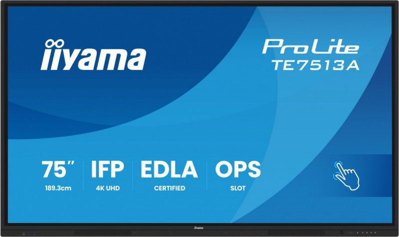 IIYAMA Monitor 75 cali TE7513A-B1AG INFRARED,40pkt,IPS,4K,7H,450cd/m2,      WiFi,USB, ANDROID 14, Google EDLA,2x20W, UCHWYT CIEN