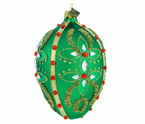 Glass bauble egg 13cm - Rubies on green