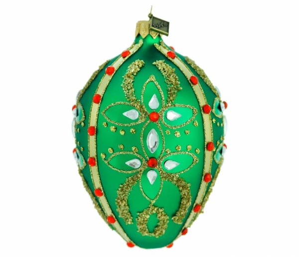 Glass bauble egg 13cm - Rubies on green