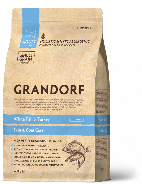 opakowanie suchej karmy Grandorf Adult All Cats - White Fish &amp; Turkey 400g.