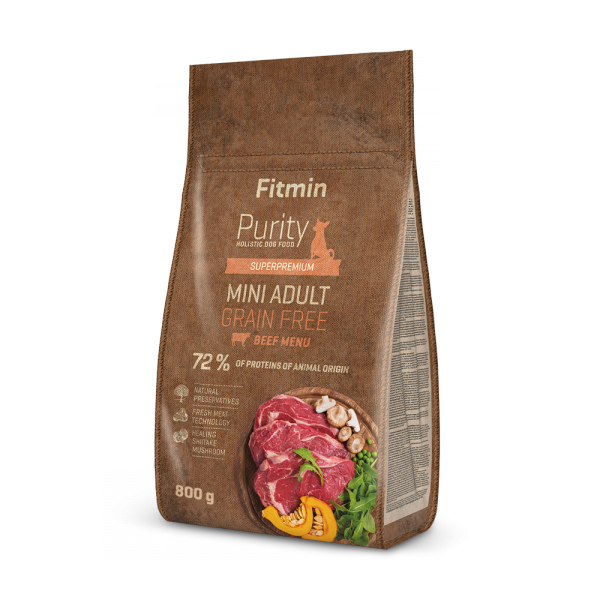 opakowanie suchej karmy  Fitmin Purity dog Grain Free Adult Mini Beef 800g.