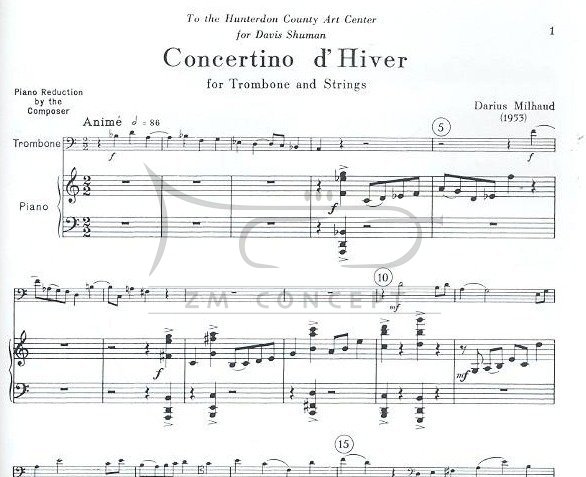 Milhaud, Darius Concertino d’Hiver w oryginale na puzon i smyczki (wyciąg fortepianowy)