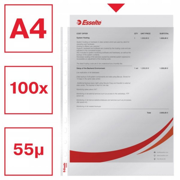 Koszulki krystaliczne na dokumenty A4 55 mic 100 sztuk w pudełku 56066 ESSELTE