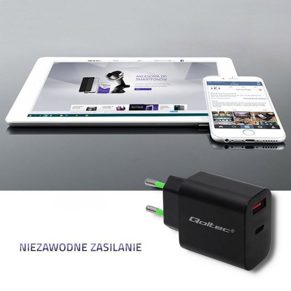 Qoltec Ładowarka sieciowa | 18W | 5-12V | 1.5-3A | USB typ C PD |       USB QC 3.0 | Czarna