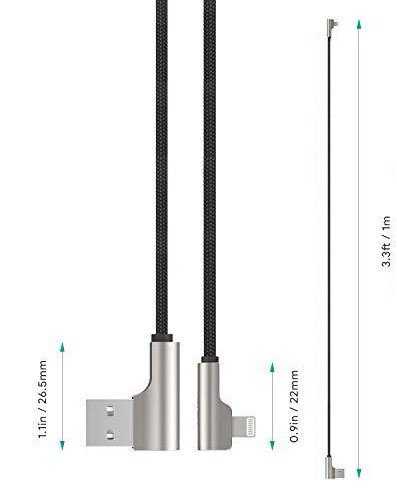 AUKEY CB-AL04 OEM kabel 90° Lightning - USB-A 1m MFi Apple kątowy wtyki 90 stopni nylonowy oplot czarny