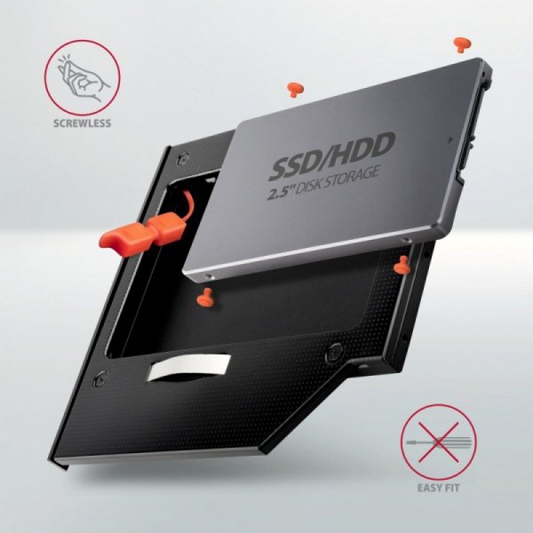 AXAGON RSS-CD09 Ramka na 2,5&quot; SSD-HDD do gniazda DVD, 9.5mm LED aluminium