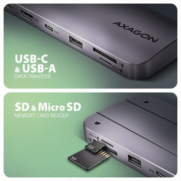 AXAGON HMC-6GM2 Wieloportovy hub USB 6in1, 10Gbps, USB-A, USB-C, HDMI 4K/60Hz, M.2 NVMe/SATA, SD/microSD, PD 100W, 20cm USB-C ka
