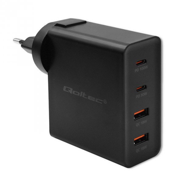 Qoltec Ładowarka GaN Power Pro | 2xUSB-C | 2xUSB | 130W | 5-20V | 1.5-5A| PD | Czarna