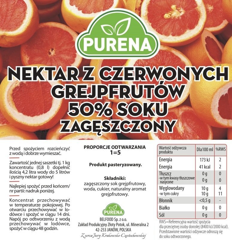 Nektar z czerwonych grejpfrutów 50% zagęszczony 1kg na 5l