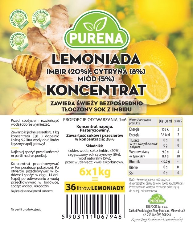 Lemoniada imbir-cytryna-miód koncentrat 3x1kg na 18l