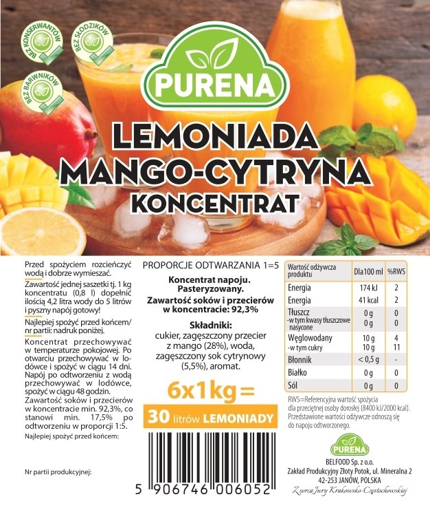 Lemoniada mango-cytryna koncentrat 3x1kg na 15l