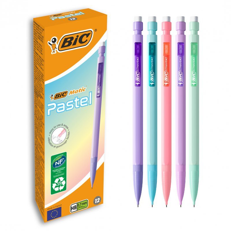 BIC Matic Pastel 0.7mm HB Ołówek z gumką Pudełko 12szt