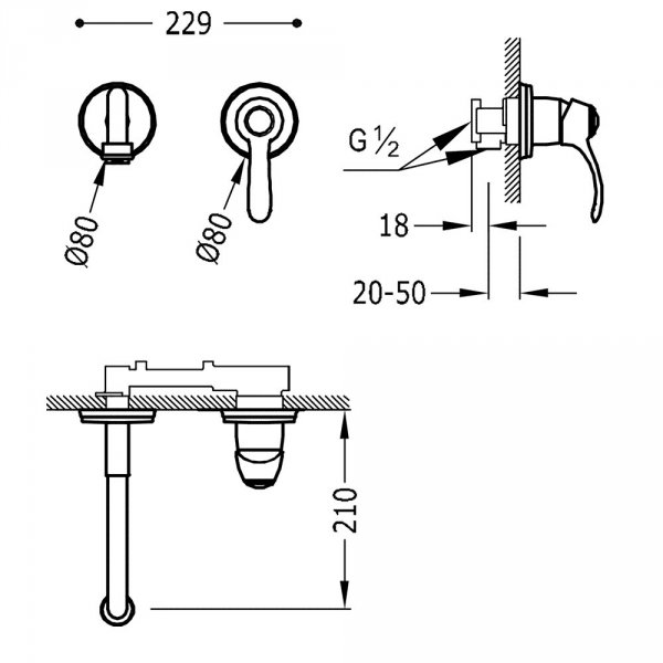 Tres Clasic Bateria podtynkowa umywalkowa stal 24220001AC