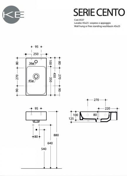 Kerasan 353701L CENTO umywalka 45X25 podwiesz. MF SX bianco