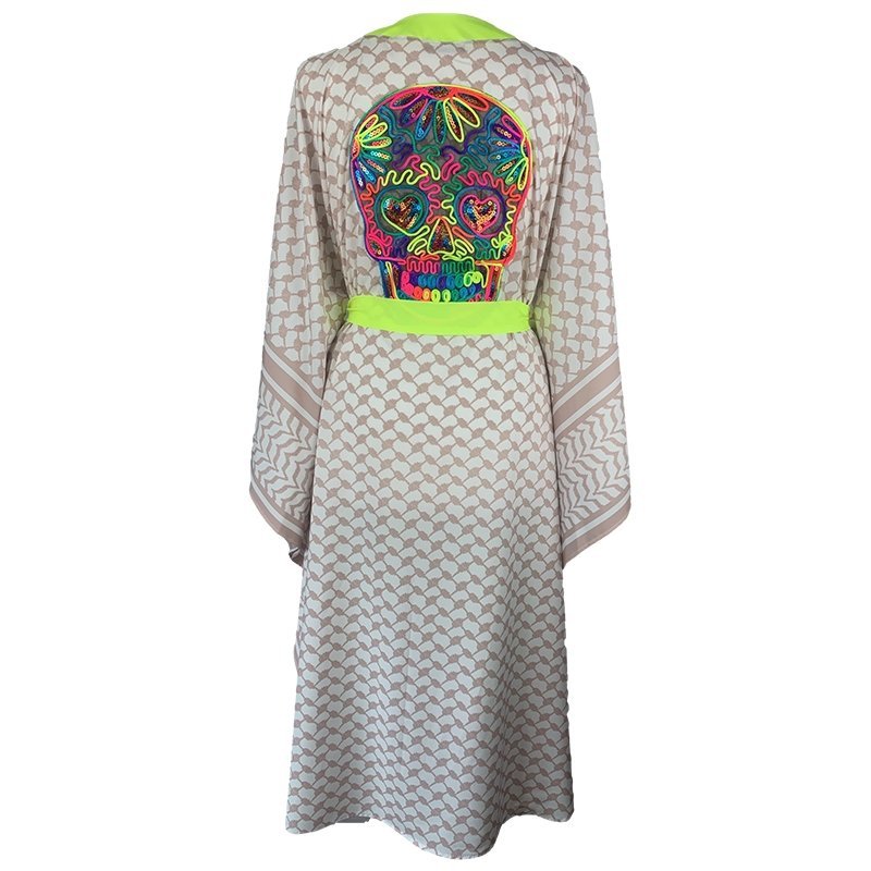 Kimono Checker Beige Colourful Skull Classic