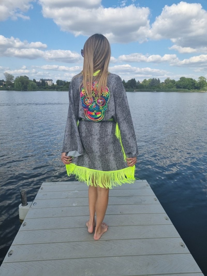 Kimono Black Snake Colourful Skull Fringe