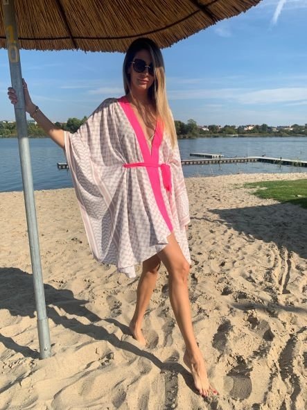 Kimono Checker Beige Skull Pink Short