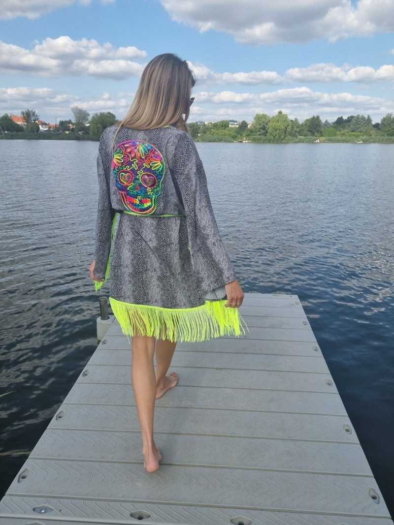Kimono Black Snake Colourful Skull Fringe