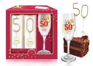URODZINOWA STARS MAGENTA - zestaw 
kieliszek do szampana + zimne ognie - W 
dniu 50 urodzin