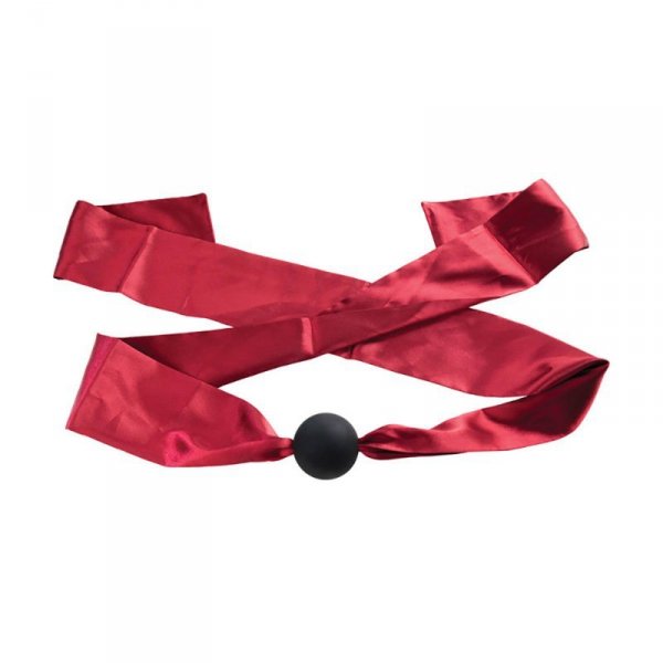 Silicone ball gag with satin straps.