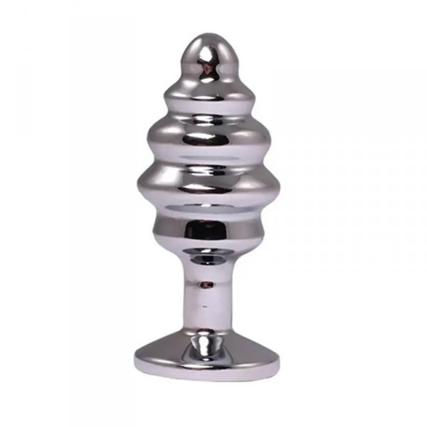 Silver small ribbed butt plug with red crystal