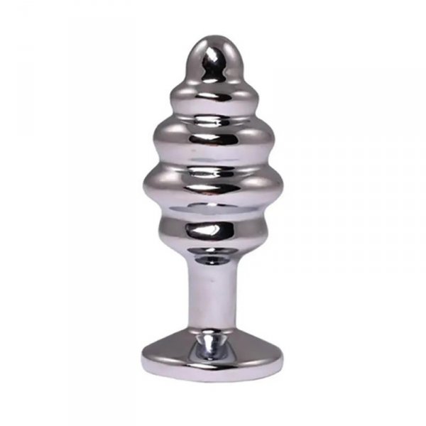 Silver small ribbed butt plug with white crystal
