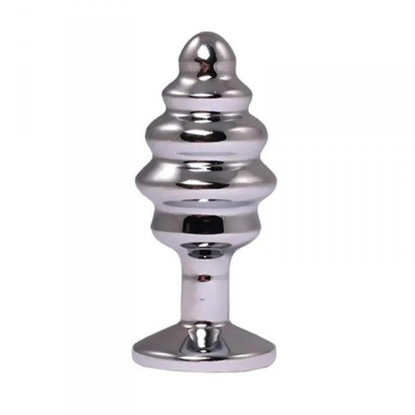 Silver medium ribbed butt plug with red crystal