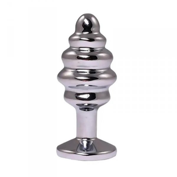 Silver medium ribbed butt plug with white crystal