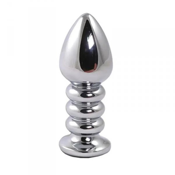 Silver large ribbed butt plug with black crystal
