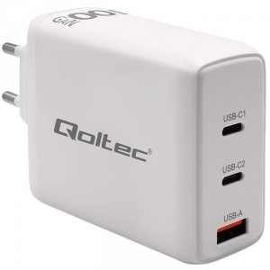 Qoltec Ładowarka sieciowa 100W GaN  | 5-20V | 1.5-5A | 2 x USB-C PD | 1 x USB QC 3.0 | Biała