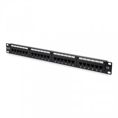 Digitus Panel krosowy (patch panel) 19&#039;&#039; 24x RJ45, LSA pion, kat.6, nieekranowany, 1U, czarny, prowadnica kabli, pola 