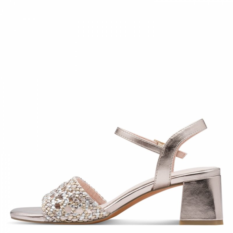 Sandałki 36 złote MARCO TOZZI 28382 na obcasie plecione różowe złoto