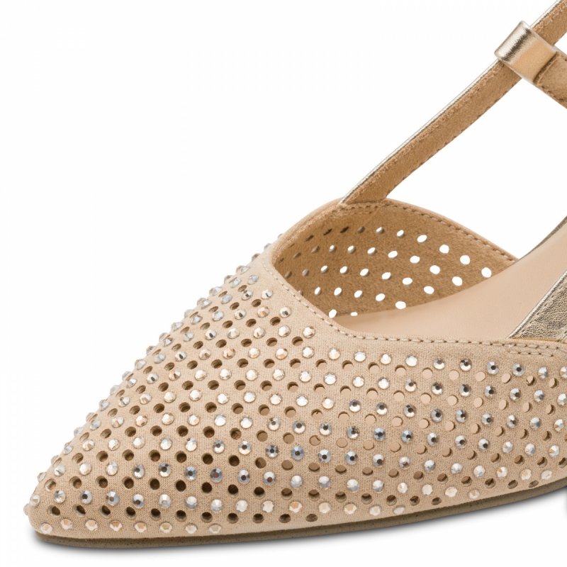 Czółenka beżowe złote 39 MARCO TOZZI 29667 z odkrytą piętą szpilki